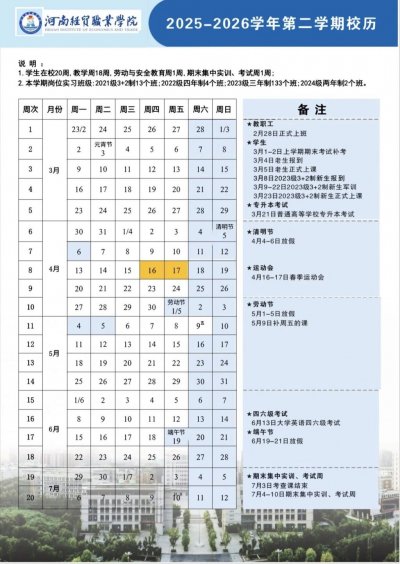 2025河南经贸职业学院寒假放假时间