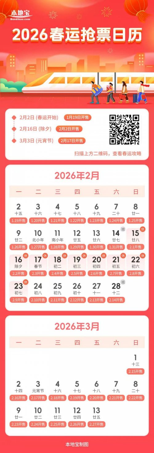 2026春运火车票开售时间表（提前15天）