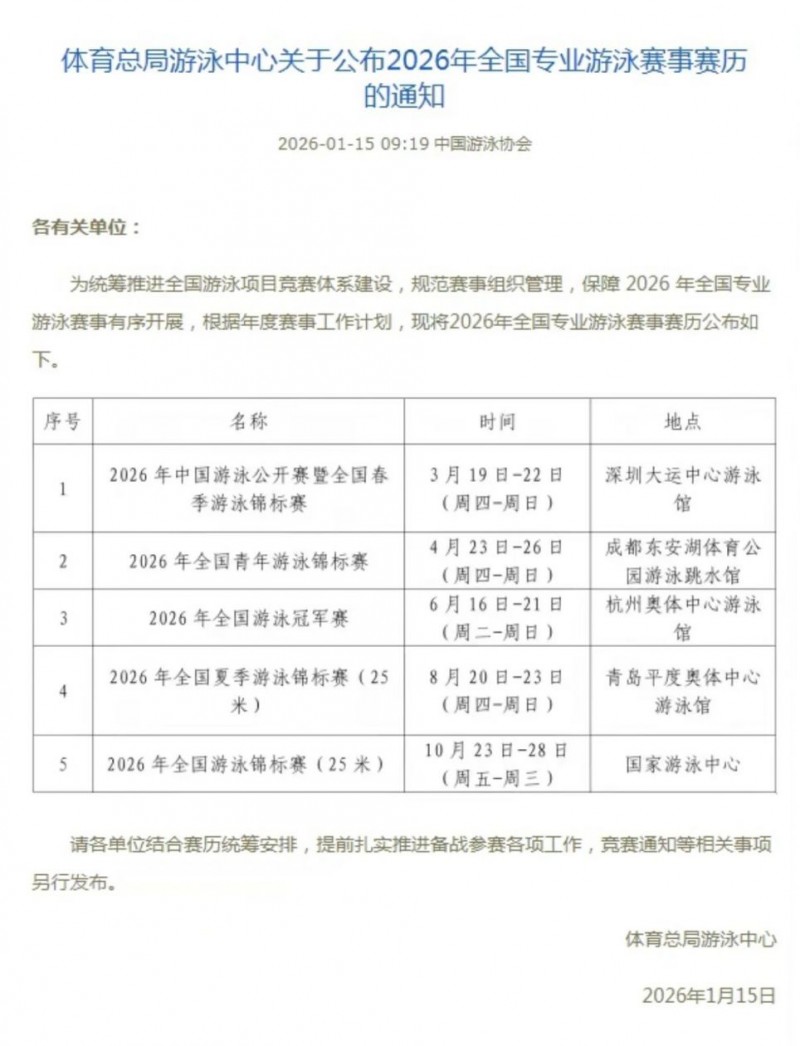 2026年中国游泳公开赛定档深圳大运