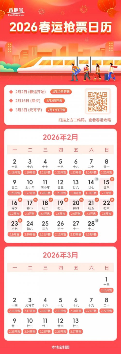 2026春运火车票抢票日历（附购票入口）