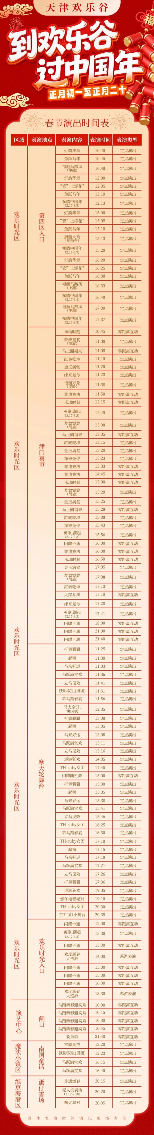 2026年天津欢乐谷春节演出时间表