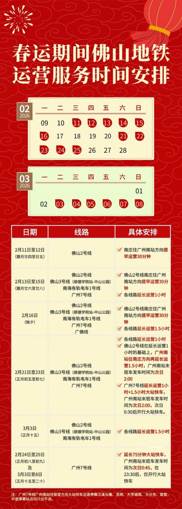 2026元宵节佛山地铁运营时间安排