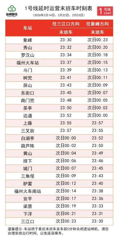 2026年福州地铁春节假期运营时间调整