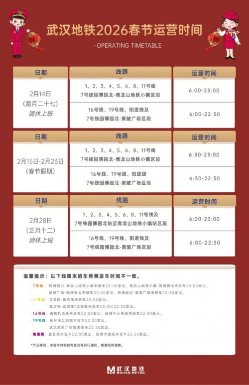 2026武汉地铁春节运营时间表